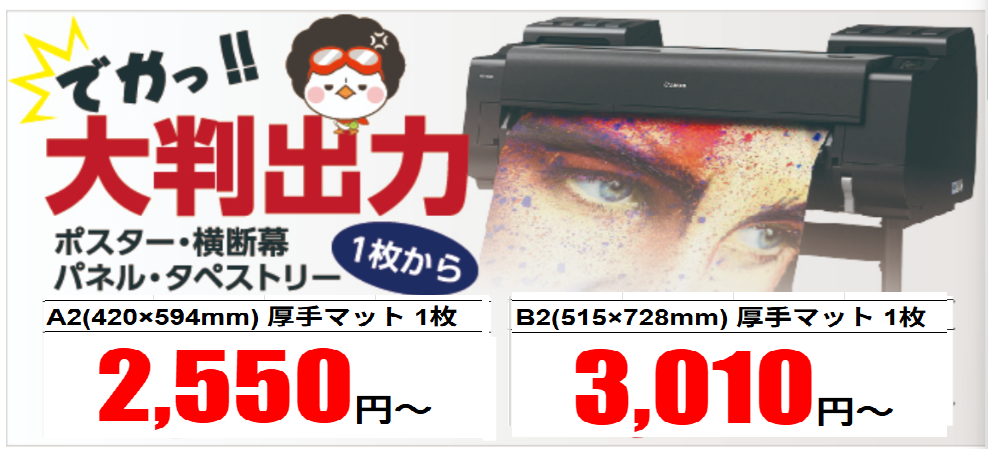 大判出力による販促用ツール、卒業制作、イベント用ツールとして様々なメディアを取りそろえています。用紙・サイズ・加工も充実