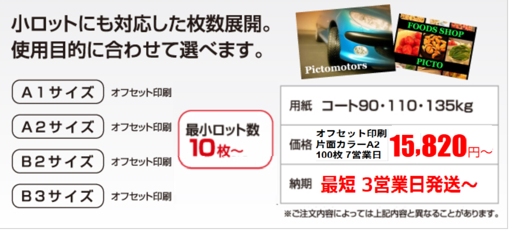 オフセット印刷で販促用ポスター印刷A2サイズ10枚の小ロットからご対応、15,700円から承ります。